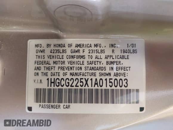 2001 Honda Accord EX с VIN 1HGCG225X1A015003, выставлен на аукционе IAAI как лот 41866796 с пробегом 196 000 миль миль и . История ставок и продаж доступна на DreamBid. Изображение 9.