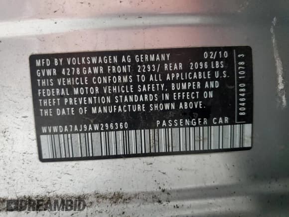 ✅ 2010 Volkswagen Golf • VIN: WVWDA7AJ9AW296360 • Lot: 81676064. Listed on Copart with 106,238 mi. Free auction sales archive from the USA and detailed vehicle history report at DreamBid. Image 12.