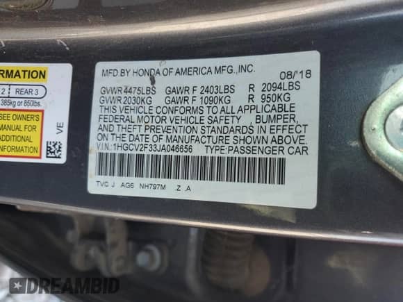 2018 Honda Accord Sport with VIN 1HGCV2F33JA046656, listed as a Copart auction lot 80951745 with 242,638 mi miles and Salvage title. Bid and sale history available at DreamBid. Image 13.