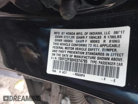 ✅ 2017 Honda Civic LX • VIN: 19XFC2F50HE074795 • Lot: 43630613. Listed on IAAI with 64,607 mi. Free auction sales archive from the USA and detailed vehicle history report at DreamBid. Image 9.