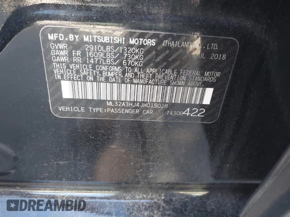 ✅ 2018 Mitsubishi Mirage ES • VIN: ML32A3HJ4JH015028 • Лот: 43533508. Опубликован ранее на IAAI с пробегом 51 897 миль. Бесплатный доступ к архиву аукционных продаж из США и подробный отчёт об истории автомобиля на DreamBid. Изображение 9.