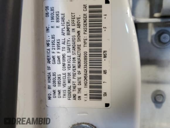 ✅ 2007 Honda Accord LX • VIN: 1HGCM564X7A008900 • Lot: 55074355. Listed on Copart with 79,864 mi. Free auction sales archive from the USA and detailed vehicle history report at DreamBid. Image 12.