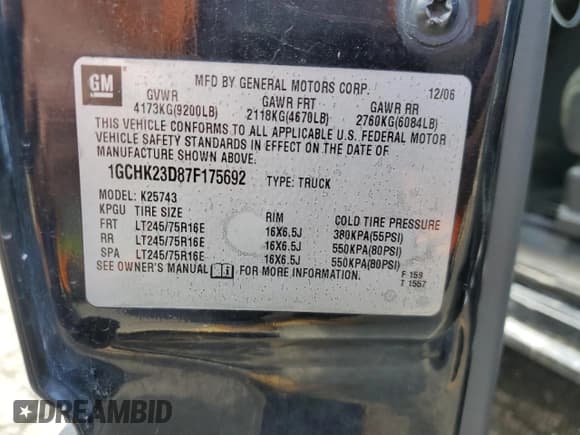 ✅ 2007 Chevrolet Silverado 2500HD LT3 • VIN: 1GCHK23D87F175692 • Lot: 55225575. Listed on Copart with 186,011 mi. Free auction sales archive from the USA and detailed vehicle history report at DreamBid. Image 12.