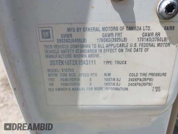 ✅ 1999 GMC Sierra 1500 SLE • VIN: 2GTEK19T2X1543111 • Лот: 43057437. Опубликован ранее на IAAI с пробегом Не указан. Бесплатный доступ к архиву аукционных продаж из США и подробный отчёт об истории автомобиля на DreamBid. Изображение 9.