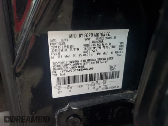 ✅ 2014 Ford F-350 XLT • VIN: 1FT8W3DTXEEA64208 • Lot: 66019015. Listed on Copart with 84,773 mi. Free auction sales archive from the USA and detailed vehicle history report at DreamBid. Image 13.