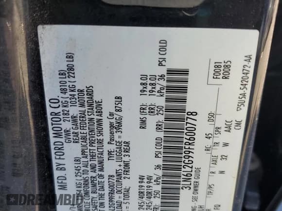 ✅ 2015 Lincoln MKZ • VIN: 3LN6L2G99FR600778 • Lot: 90900825. Wystawiony na Copart z przebiegiem 82 245 mil. Bezpłatny archiwum sprzedaży aukcyjnych z USA i szczegółowy raport historii pojazdu na DreamBid. Zdjęcie 12.