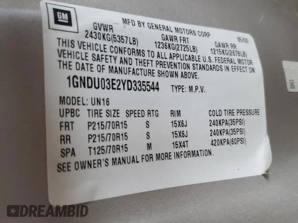 ✅ 2000 Chevrolet Venture Plus 1SB • VIN: 1GNDU03E2YD335544 • Лот: 83793694. Опубликован ранее на Copart с пробегом 179 904 миль. Бесплатный доступ к архиву аукционных продаж из США и подробный отчёт об истории автомобиля на DreamBid. Изображение 15.