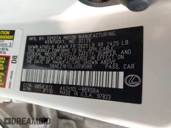 ✅ 2020 Lexus ES 300h Luxury • VIN: 58AE21B13LU008588 • Lot: 43149992. Wystawiony na IAAI z przebiegiem 82 976 mil. Bezpłatny archiwum sprzedaży aukcyjnych z USA i szczegółowy raport historii pojazdu na DreamBid. Zdjęcie 9.