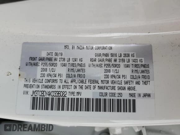 ✅ 2019 Mazda CX-9 Grand Touring • VIN: JM3TCBDY4K0336082 • Lot: 68658204. Listed on Copart with 56,354 mi. Free auction sales archive from the USA and detailed vehicle history report at DreamBid. Image 15.