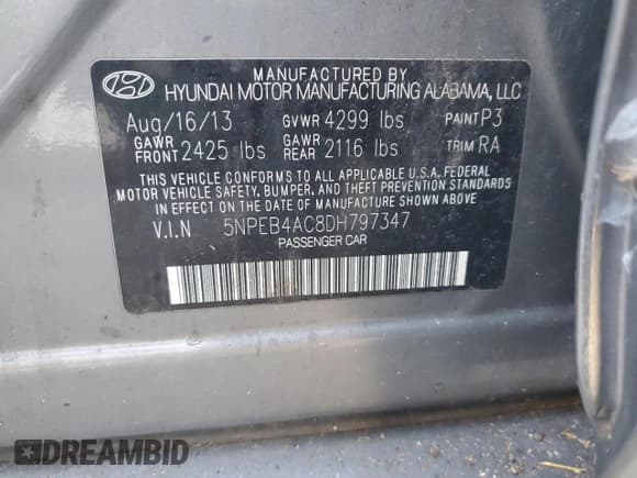 ✅ 2013 Hyundai Sonata GLS • VIN: 5NPEB4AC8DH797347 • Lot: 77018314. Listed on Copart with 201,666 mi. Free auction sales archive from the USA and detailed vehicle history report at DreamBid. Image 12.