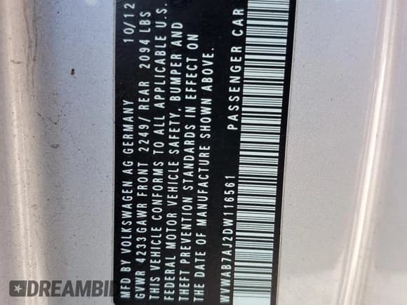 ✅ 2013 Volkswagen Golf • VIN: WVWAB7AJ2DW116561 • Lot: 70350615. Listed on Copart with 168,373 mi. Free auction sales archive from the USA and detailed vehicle history report at DreamBid. Image 12.