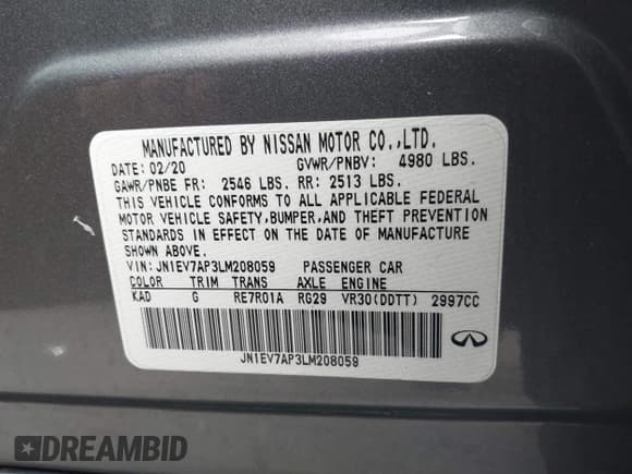 ✅ 2020 Infiniti Q50 Pure • VIN: JN1EV7AP3LM208059 • Lot: 42017901. Listed on IAAI with 47,185 mi. Free auction sales archive from the USA and detailed vehicle history report at DreamBid. Image 9.