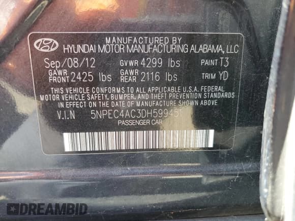 ✅ 2013 Hyundai Sonata SE • VIN: 5NPEC4AC3DH599451 • Lot: 65423334. Listed on Copart with 92,516 mi. Free auction sales archive from the USA and detailed vehicle history report at DreamBid. Image 12.