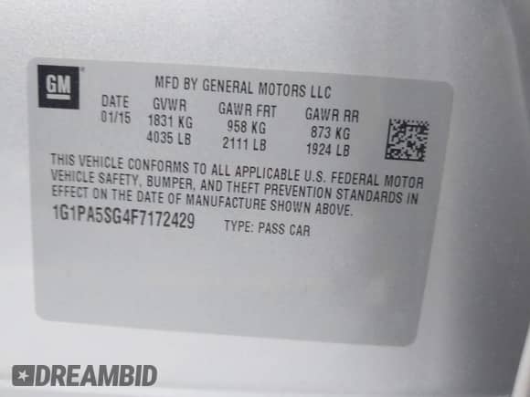 2015 Chevrolet Cruze LS z VIN 1G1PA5SG4F7172429, wystawiony jako IAAI lot #42623007 z przebiegiem 102 506 mil mil oraz . Historia ofert i sprzedaży dostępna na DreamBid. Obrazek 9.