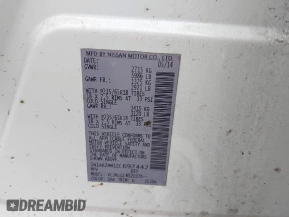 ✅ 2014 Nissan Pathfinder SV • VIN: 5N1AR2MM1EC697442 • Lot: 42622237. Listed on IAAI with 196,566 mi. Free auction sales archive from the USA and detailed vehicle history report at DreamBid. Image 9.