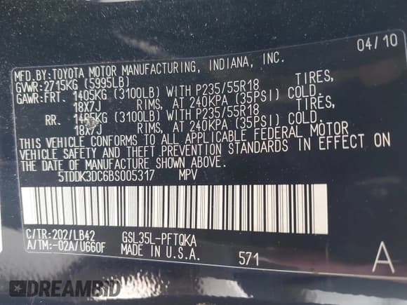 ✅ 2011 Toyota Sienna XLE • VIN: 5TDDK3DC6BS005317 • Lot: 42584654. Listed on IAAI with 191,713 mi. Free auction sales archive from the USA and detailed vehicle history report at DreamBid. Image 9.