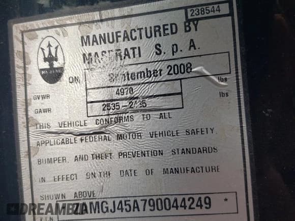 ✅ 2009 Maserati GranTurismo • VIN: ZAMGJ45A790044249 • Lot: 60431895. Listed on Copart with 37,955 mi. Free auction sales archive from the USA and detailed vehicle history report at DreamBid. Image 12.