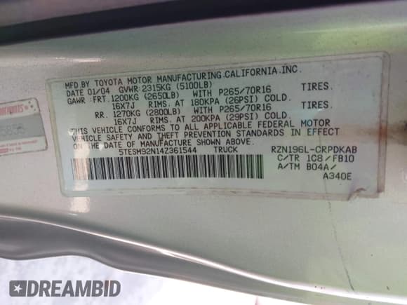 ✅ 2004 Toyota Tacoma PreRunner • VIN: 5TESM92N14Z361544 • Lot: 42379977. Wystawiony na IAAI z przebiegiem 267 663 mil. Bezpłatny archiwum sprzedaży aukcyjnych z USA i szczegółowy raport historii pojazdu na DreamBid. Zdjęcie 9.