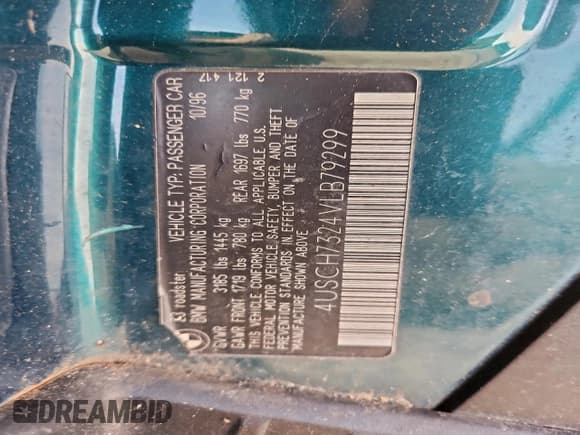 ✅ 1997 BMW 3 Series Z3 1.9 • VIN: 4USCH7324VLB79299 • Лот: 95624795. Опубликован ранее на Copart с пробегом Не указан. Бесплатный доступ к архиву аукционных продаж из США и подробный отчёт об истории автомобиля на DreamBid. Изображение 12.