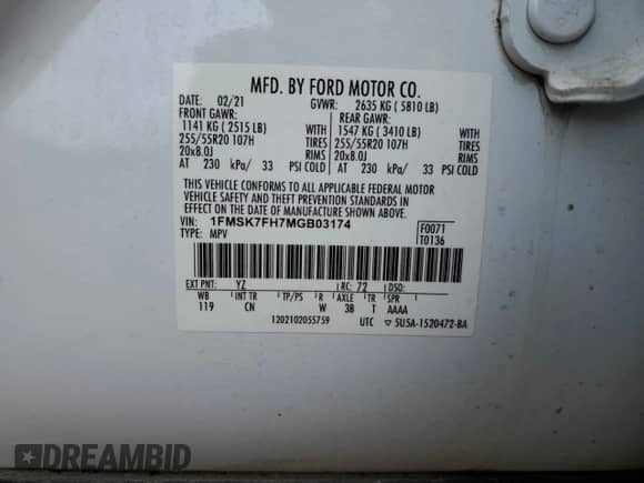 2021 Ford Explorer Limited z VIN 1FMSK7FH7MGB03174, wystawiony jako Copart lot #69957515 z przebiegiem 131 448 mil mil oraz Szkoda całkowita • Salvage title. Historia ofert i sprzedaży dostępna na DreamBid. Obrazek 13.