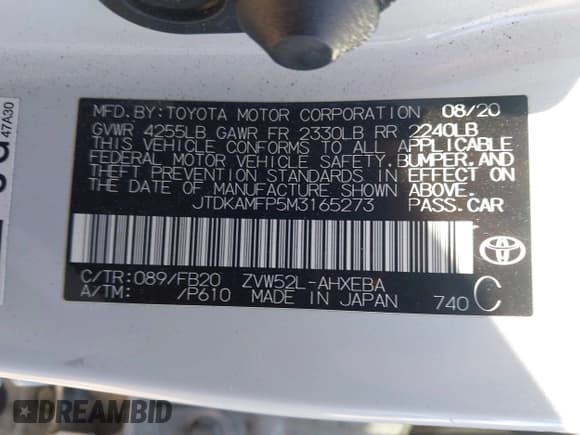 ✅ 2021 Toyota Prius XLE • VIN: JTDKAMFP5M3165273 • Lot: 43822615. Listed on IAAI with 70,012 mi. Free auction sales archive from the USA and detailed vehicle history report at DreamBid. Image 9.