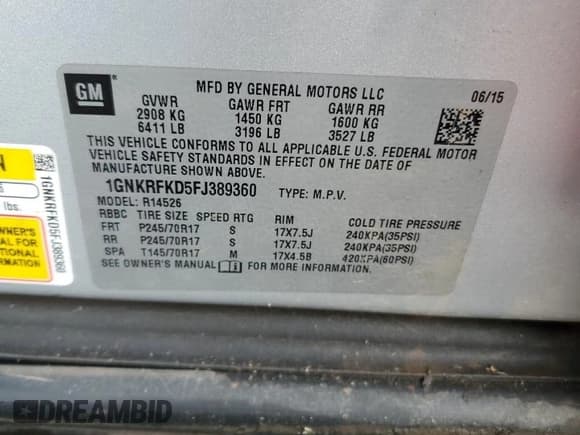 ✅ 2015 Chevrolet Traverse LS • VIN: 1GNKRFKD5FJ389360 • Lot: 61126225. Wystawiony na Copart z przebiegiem 191 537 mil. Bezpłatny archiwum sprzedaży aukcyjnych z USA i szczegółowy raport historii pojazdu na DreamBid. Zdjęcie 12.