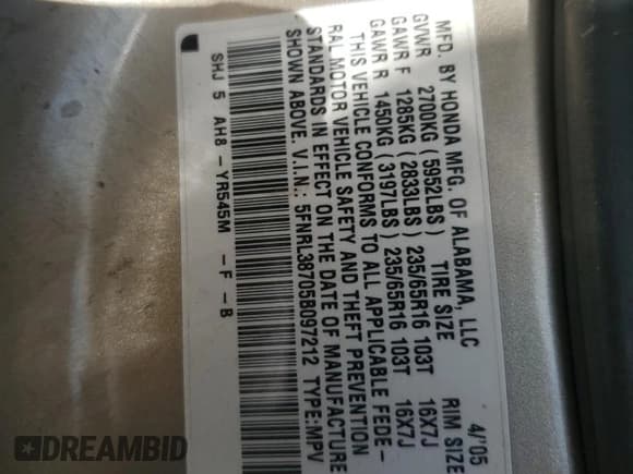 ✅ 2005 Honda Odyssey EX-L • VIN: 5FNRL38705B097212 • Лот: 92655085. Опубликован ранее на Copart с пробегом 162 776 миль. Бесплатный доступ к архиву аукционных продаж из США и подробный отчёт об истории автомобиля на DreamBid. Изображение 13.