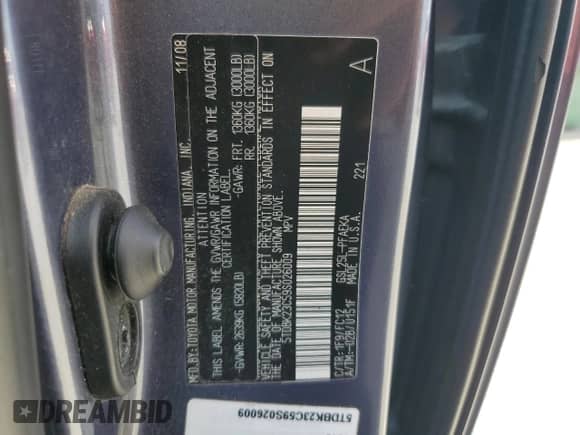 2009 Toyota Sienna LE with VIN 5TDBK23C59S026009, listed as a Copart auction lot 64553505 with 187,214 mi miles and Salvage title. Bid and sale history available at DreamBid. Image 13.