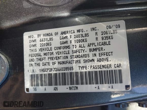 ✅ 2010 Honda Accord EX • VIN: 1HGCP2F72AA028565 • Lot: 43538347. Listed on IAAI with 69,687 mi. Free auction sales archive from the USA and detailed vehicle history report at DreamBid. Image 9.
