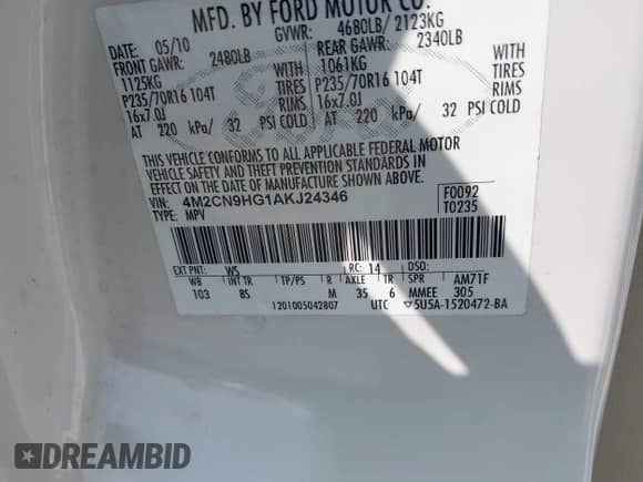 2010 Mercury Mariner Premier с VIN 4M2CN9HG1AKJ24346, выставлен на аукционе IAAI как лот 42881504 с пробегом 101 567 миль миль и . История ставок и продаж доступна на DreamBid. Изображение 9.