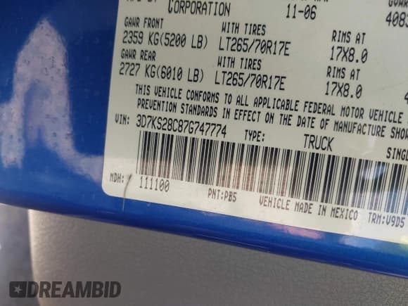 ✅ 2007 Dodge 2500 SLT • VIN: 3D7KS28C87G747774 • Lot: 43216885. Listed on IAAI with 291,833 mi. Free auction sales archive from the USA and detailed vehicle history report at DreamBid. Image 9.