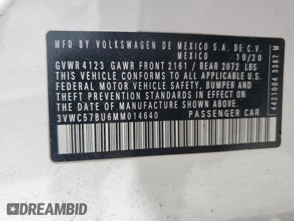 ✅ 2021 Volkswagen Jetta S • VIN: 3VWC57BU6MM014640 • Lot: 68660345. Wystawiony na Copart z przebiegiem 182 469 mil. Bezpłatny archiwum sprzedaży aukcyjnych z USA i szczegółowy raport historii pojazdu na DreamBid. Zdjęcie 12.