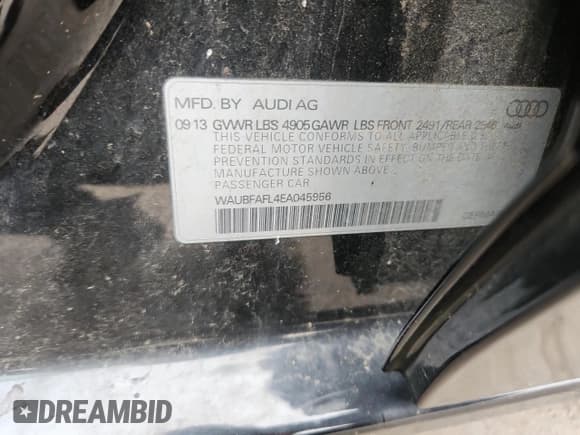 ✅ 2014 Audi A4 Premium • VIN: WAUBFAFL4EA045956 • Лот: 90807085. Опубликован ранее на Copart с пробегом Не указан. Бесплатный доступ к архиву аукционных продаж из США и подробный отчёт об истории автомобиля на DreamBid. Изображение 13.