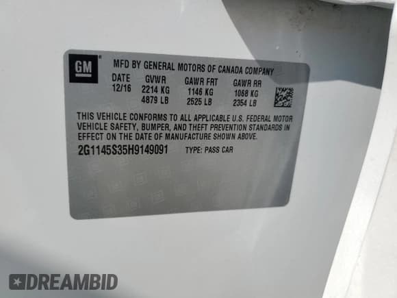 ✅ 2017 Chevrolet Impala Premier • VIN: 2G1145S35H9149091 • Lot: 67099445. Listed on Copart with 99,062 mi. Free auction sales archive from the USA and detailed vehicle history report at DreamBid. Image 12.