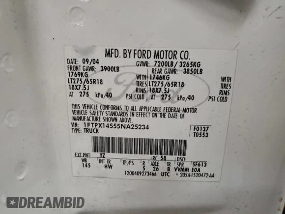 ✅ 2005 Ford F-150 XLT • VIN: 1FTPX14555NA25234 • Лот: 95290685. Опубликован ранее на Copart с пробегом 235 193 миль. Бесплатный доступ к архиву аукционных продаж из США и подробный отчёт об истории автомобиля на DreamBid. Изображение 12.