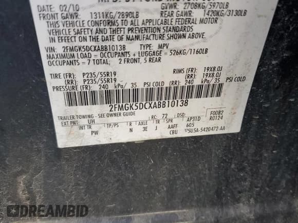 ✅ 2010 Ford Flex Limited • VIN: 2FMGK5DCXABB10138 • Lot: 62379875. Listed on Copart with 290,851 mi. Free auction sales archive from the USA and detailed vehicle history report at DreamBid. Image 14.