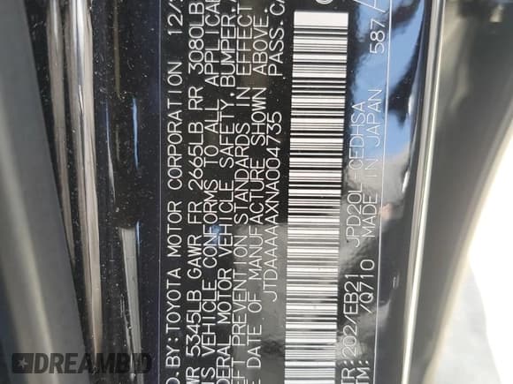 ✅ 2022 Toyota Mirai XLE • VIN: JTDAAAAAXNA004735 • Lot: 57510724. Listed on Copart with 25,434 mi. Free auction sales archive from the USA and detailed vehicle history report at DreamBid. Image 12.