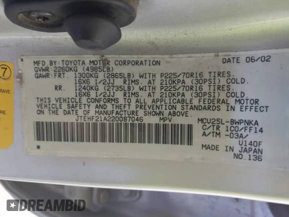 2002 Toyota Highlander with VIN JTEHF21A220087046, listed as a IAAI auction lot 42943394 with 191,877 mi miles and . Bid and sale history available at DreamBid. Image 9.