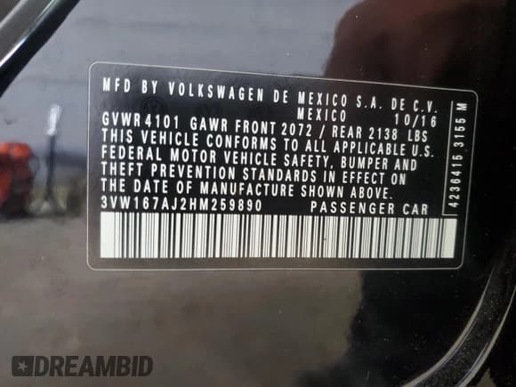 ✅ 2017 Volkswagen Jetta S • VIN: 3VW167AJ2HM259890 • Lot: 67468185. Listed on Copart with 102,923 mi. Free auction sales archive from the USA and detailed vehicle history report at DreamBid. Image 12.