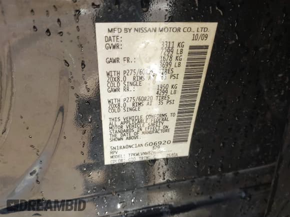 ✅ 2010 Nissan Armada Titanium • VIN: 5N1BA0NC1AN606920 • Lot: 43600003. Wystawiony na IAAI z przebiegiem 226 841 mil. Bezpłatny archiwum sprzedaży aukcyjnych z USA i szczegółowy raport historii pojazdu na DreamBid. Zdjęcie 9.