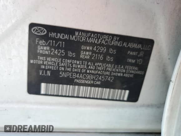 2011 Hyundai Sonata GLS with VIN 5NPEB4AC9BH245742, listed as a Copart auction lot 58473265 with 155,949 mi miles and Salvage title. Bid and sale history available at DreamBid. Image 13.