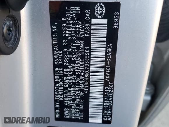 ✅ 2007 Toyota Camry XLE • VIN: 4T1BE46K07U585901 • Lot: 91984525. Listed on Copart with 67,898 mi. Free auction sales archive from the USA and detailed vehicle history report at DreamBid. Image 13.