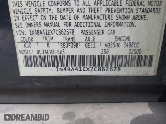 ✅ 2007 Nissan Maxima SE • VIN: 1N4BA41EX7C862678 • Lot: 43751279. Wystawiony na IAAI z przebiegiem 199 109 mil. Bezpłatny archiwum sprzedaży aukcyjnych z USA i szczegółowy raport historii pojazdu na DreamBid. Zdjęcie 9.