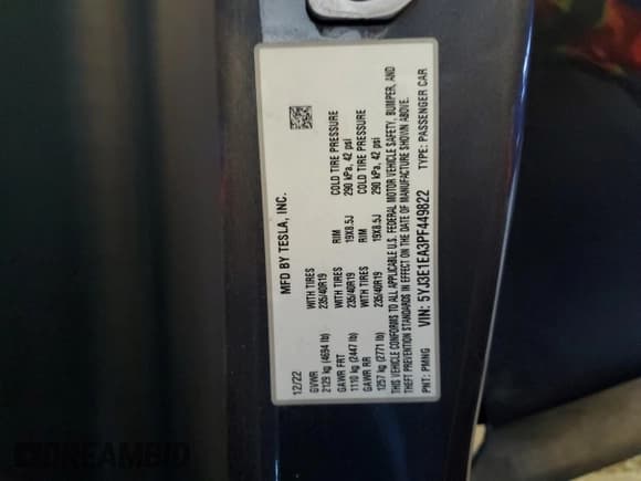 ✅ 2023 Tesla Model 3 • VIN: 5YJ3E1EA3PF449822 • Lot: 86859475. Listed on Copart with 18,151 mi. Free auction sales archive from the USA and detailed vehicle history report at DreamBid. Image 13.