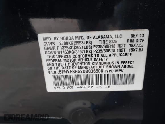 ✅ 2013 Honda Pilot EX-L • VIN: 5FNYF3H52DB036508 • Лот: 42306410. Опубликован ранее на IAAI с пробегом 150 466 миль. Бесплатный доступ к архиву аукционных продаж из США и подробный отчёт об истории автомобиля на DreamBid. Изображение 9.