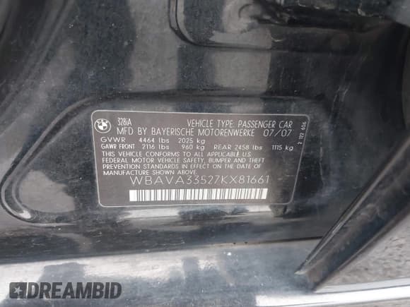 ✅ 2007 BMW 3 Series 328i • VIN: WBAVA33527KX81661 • Лот: 43804652. Опубликован ранее на IAAI с пробегом 198 336 миль. Бесплатный доступ к архиву аукционных продаж из США и подробный отчёт об истории автомобиля на DreamBid. Изображение 9.