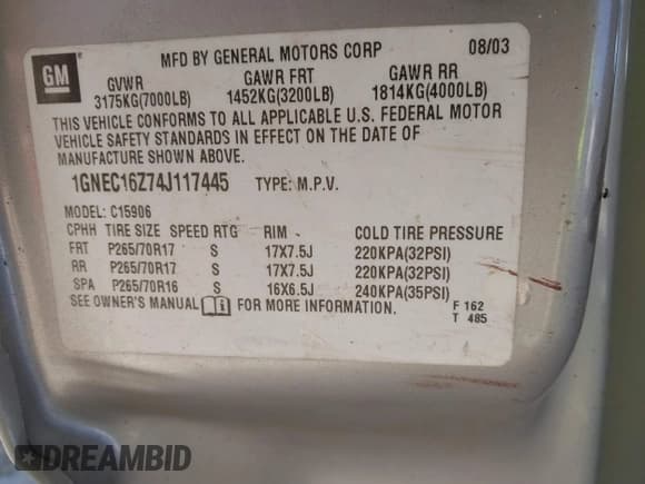 ✅ 2004 Chevrolet Suburban LT • VIN: 1GNEC16Z74J117445 • Lot: 43809468. Listed on IAAI with 195,019 mi. Free auction sales archive from the USA and detailed vehicle history report at DreamBid. Image 9.