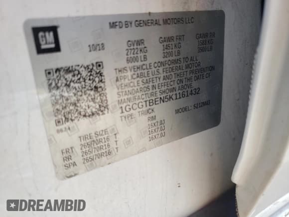 ✅ 2019 Chevrolet Colorado 4WD Work Truck • VIN: 1GCGTBEN5K1161432 • Лот: 68864974. Опубликован ранее на Copart с пробегом 83 273 миль. Бесплатный доступ к архиву аукционных продаж из США и подробный отчёт об истории автомобиля на DreamBid. Изображение 12.