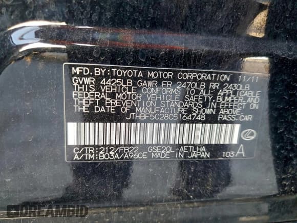 ✅ 2012 Lexus IS 250 • VIN: JTHBF5C28C5164748 • Lot: 91431215. Listed on Copart with 157,125 mi. Free auction sales archive from the USA and detailed vehicle history report at DreamBid. Image 12.