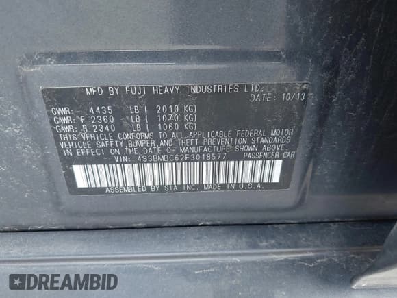 ✅ 2014 Subaru Legacy Premium • VIN: 4S3BMBC62E3018577 • Lot: 42459026. Listed on IAAI with 129,465 mi. Free auction sales archive from the USA and detailed vehicle history report at DreamBid. Image 9.
